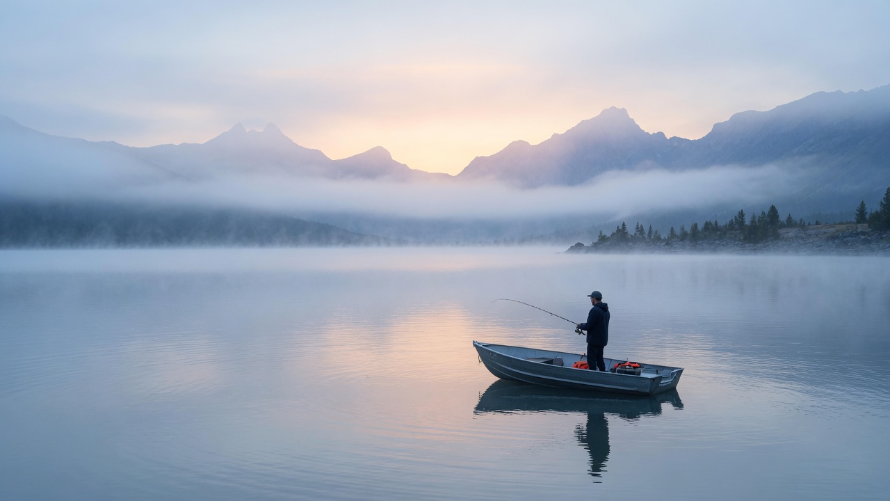 A person fishing from a small boat on a calm mountain lake.
