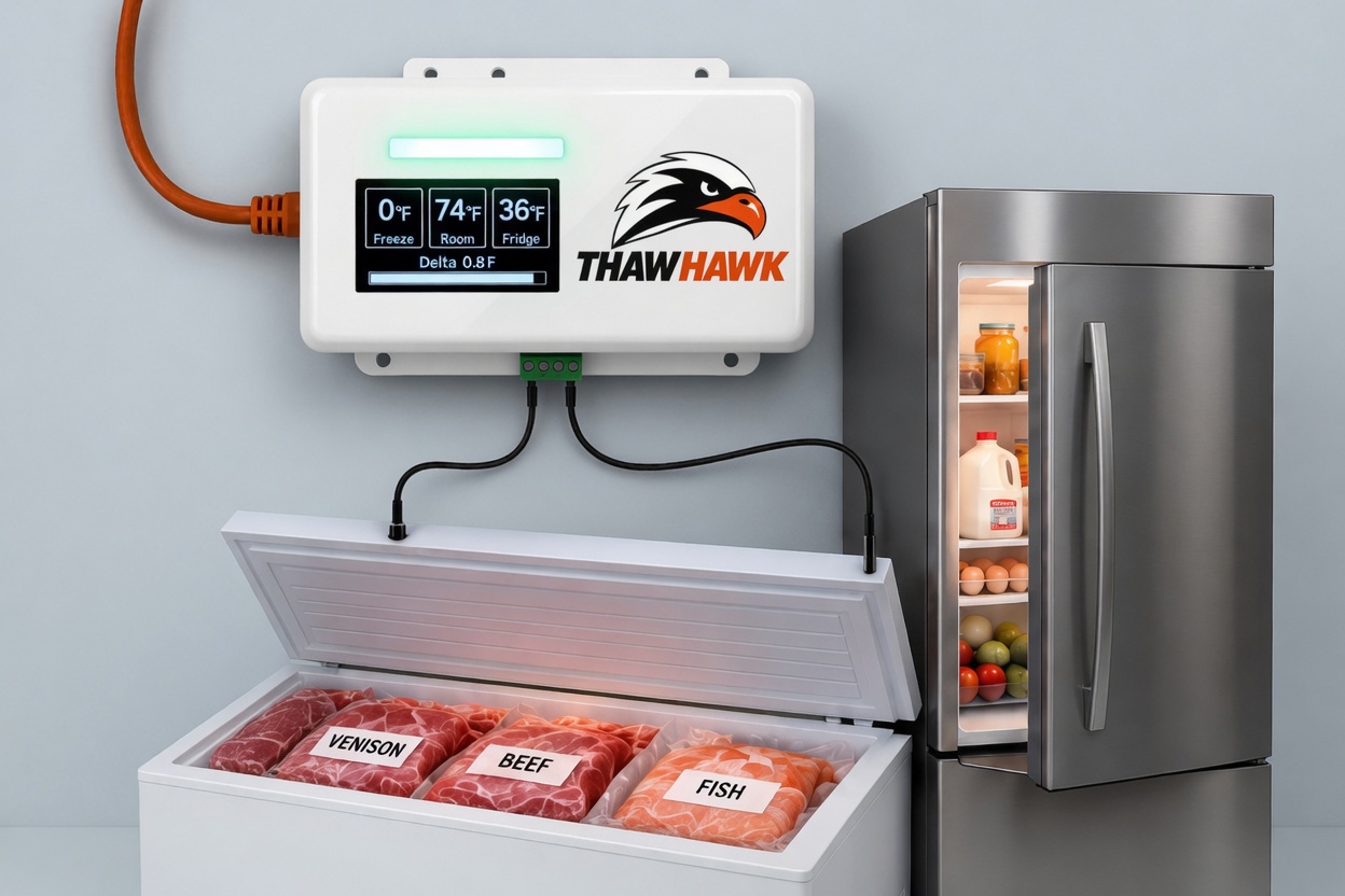 White ThawHawk above an open chest freezer of venison, beef, and fish, with a probe in the freezer and a probe in the refrigerator