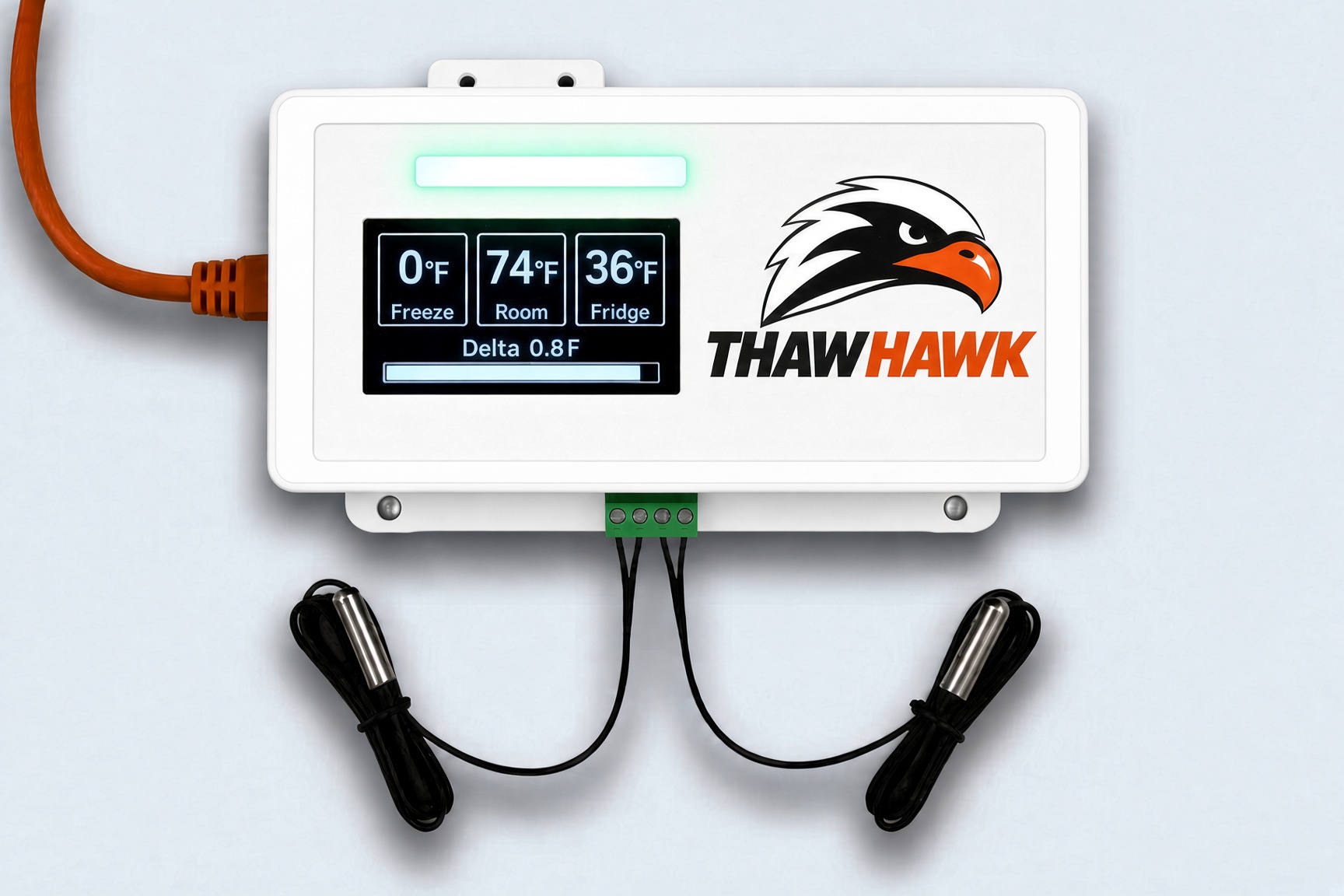 White ThawHawk sensor showing freezer 0°F, room 74°F and fridge 36°F, with two temperature probes