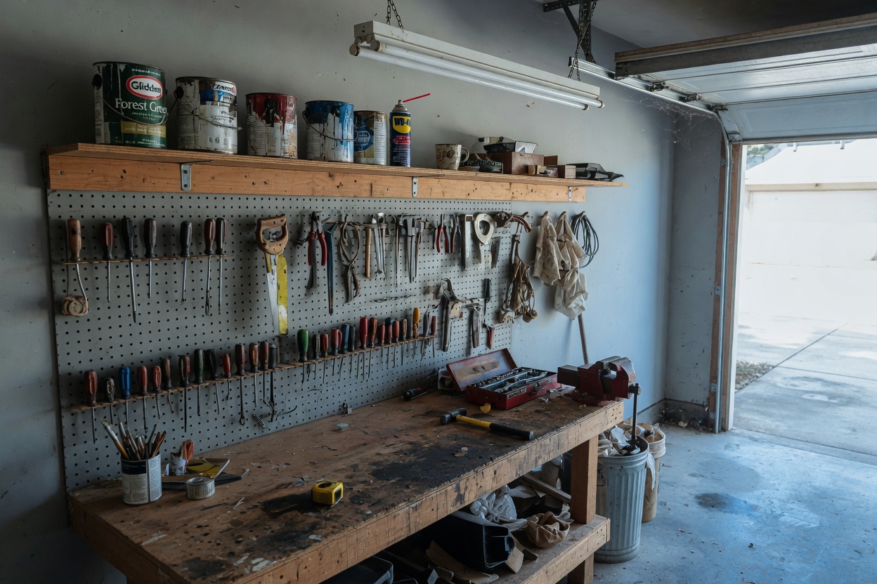Workshop garage with tools, paint cans, and a workbench